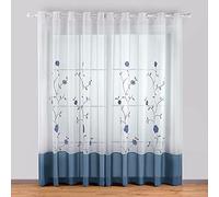 SIMPVALE Voile Curtains Panel Semi Transparent Sheer Window Net Curtains Floral Embroidered Drape with Eyelet for Living room Bedroom Kitchen Balcony, 1 Panel, 55"(Width) x 89"(Drop), Blue