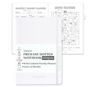 SIMSIMY Premade Dotted Journal Notebook, Pre-made Dot Grid Notebook with Undated Weekly & Monthly Planner, Trackers, Bullet Templates - 12 Months Organization, 237 Numbered Pages A5 Hardcover Leather