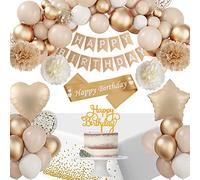 SIMSPEAR Birthday Decor for Women Girls, Birthday Party Decor Beige Gold with Happy Birthday Banner, Tablecloth, Birthday Sash, Paper Pom Poms for 1st 16th 21st 50th 60th Birthday Decor