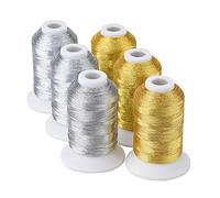 Simthread 6 Spools Metallic Embroidery Machine Thread (3 Gold+ 3 Silver Colors) 500M(550Y) for Embroidery and Decorative Sewing