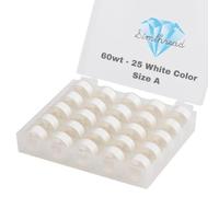 Simthread 60WT White Prewound Bobbins, 25 Pack, Size A Class 15 SA156 | 25 white Size A Class 15 SA156 bobbins, each with 140 yards of 60WT polyester thread, packed in a clear storage case.