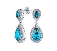 Simulated Blue Topaz Pave CZ Halo Teardrop Pear Shape Dangle Drop Statement Earrings For Women Prom Silver Plated