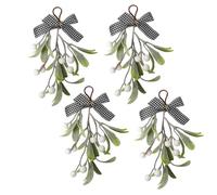 Simulated Christmas Mistletoe Ornament with Bow, Artificial Green Christmas Mistletoe Hanging Bunch, Flocked Christmas Mistletoe Ornaments for Christmas Party Decorations