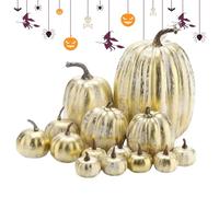 Simulated Golden Pumpkin Set - 14 Piece Golden Pumpkin Centerpiece Set | 8 x 6 Inch Fake Pumpkin Set, Fake Pumpkin Set, Artificial Autumn Harvest, Halloween Decoration For Ca