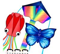 Simxkai 3 Pack Kites-Rainbow Delta Kite, Red Mollusc Octopus Kite, Blue Butterfly Kite