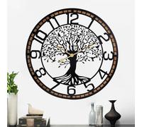 SIN&MI Silent Large Wall Clock: 24Inch Tree of Life Metal Black with Solid Wood Frame - Non-Ticking Battery Operated Clock for Living Room/Office/Bedroom/Kitchen - Home Decor for Fashion