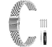 SINAIKE Polished Brushed Metal Watch Band for Men Women, 22mm Quick Release 3D 7 Beads Stainless Steel Watch Bands Strap Classic Replacement Bracelet with Double Locks Silver
