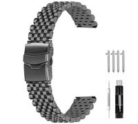 SINAIKE Polished Brushed Metal Watch Band for Men Women, 22mm Quick Release 3D 7 Beads Stainless Steel Matte Watch Bands Strap Classic Replacement Bracelet with Double Locks Black