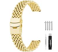 SINAIKE Polished Metal Watch Band for Men Women, 20mm 22mm Quick Release 3D 7 Beads Stainless Steel Watch Bands Strap Classic Replacement Bracelet with Double Locks Silver (Polished Gold, 22mm)
