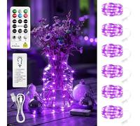 SINAMER 6 Pack Rechargeable Fairy Lights with Remote & DIY Timer, 7ft 20LED Dimmable Silver Wire String Light for Mason Jar, Mini Twinkle Lights for Indoor Christmas Bedroom Wedding Decor, Purple