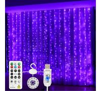 SINAMER Curtain Lights Indoor, 3m×3m 300LED Tangle-Free Fairy Lights with Remote & DIY Timer, USB Plug in 8 Modes Hanging Twinkle String Lights for Bedroom Christmas Wedding Party, Purple