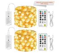 SINAMER Fairy Lights Rechargeable with Remote & DIY Timer, 2 Pack 33FT/10M 100LED Battery Operated String Lights Indoor, Twinkle Silver Wire Lights for Bedroom Christmas Wedding Tree Decor, Warm White