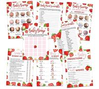 Sinasasspel 302pcs Strawberry Baby Shower Game Set - Pack of 6 Activities for 50 Guests - Includes Bingo, Baby Bump Or Beer Belly, Word Scramble and More - Each 5x7 Inches