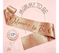 Sinaya Mummy to Be Sash and Tiara Set, 3 Pcs Baby Shower Accessories Include Rhinestone Crown Headband & Badge, Floral Design Maternity Favour Gifts Party Decoration for Expecting Mum