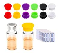 Sinbana 12pcs 3ml Glass Vials Protective Caps, Leak-Proof Dust Resistant & Reusable Injection Vials Covers with 64pcs Labels Stickers for Mini Glass Bottles Labs Clinics Home Organization(6 Colors)