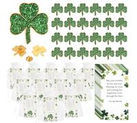SINCCO 25/50/100 Sets St. Patricks Day Clover Lapel Pins Bulk Shamrock Pin Brooches with Irish Blessing Cards Gift Bags for St. Patrick’s Day Party Favors Jewelry Accessories, Small, Alloy Steel Zinc