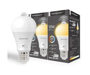 SINCELIGHT Motion Sensor LED Bulb with E27 Cap, Detects Human Movement, Automatic ON/Off in Darkness, 10W GLS Bulb with PIR Sensor, Security Light Bulb, 60 Seconds Delay, Pack of 2