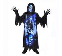 Sincere Party Grim Reaper Costume For Kids,Phantom of the Darkness,Spooky Black Robe with Spooky Gloves,Printed Mask 4-6years.