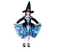 Sincere Party Halloween Witch Costume Girls，Deluxe Blue Witch witch Hat Irregular Skirt Shape Huge Hem Circle 9-10 years