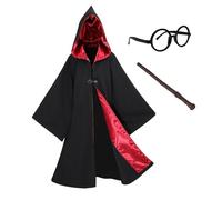 Sincere Party Kids Black Hooded Magic Cloak,Wizard Robe with Wand,Glasses,Badge Perfect for World Book Day 9-11years