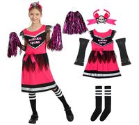 Sincere Party Scream Squad Cheerleader Costume Dress with Pompom,Tights,Fishnet Gloves,Skull Headband XXL(12-14)