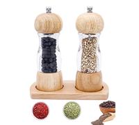 Sindax 2 pcs Salt and Pepper Grinder Set with Tray, 6 Inches Wooden Manual Spice Pepper Mills with Adjustable Ceramic Grinding Core Kitchen Cooking Supplies