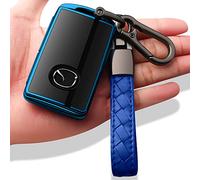 Sindeda Mazda Key Fob Cover, Blue, Compatible with 2019-2024 Mazda 3, 3 Hatchback, 2020-2024 CX-5, CX-30, CX-9, 3-4 Button Smart Key Fob, TPU Material, 360° Protection, Keychain Included