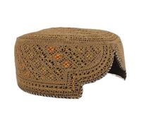 Sindhi Topi Kufi Traditional Handmade Cap with Embroidered Front Cut Unisex, Ramadan, Eid Gift for Muslims Made in Pakistan, Camel Brown With Red & Blue Design, One size