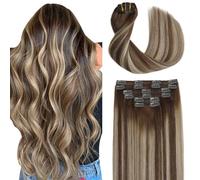 Sindra Clip in Human Hair Extensions Balayage Medium Brown to Caramel Blonde 16 Inch 100g 6pcs Invisible Human Hair Clip in Extensions Silky Straight #4/27/4 16"
