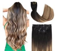 Sindra Clip-In Real Hair Extensions, 35 cm, 100 g, 6 Pieces, Balayage Natural Black to Chocolate Brown and Caramel Brown Human Hair Clip Hair Extensions, Real Hair, C#1B/4/27, 14 Inches