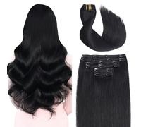 Sindra Clip-In Real Hair Extensions, Human Hair, Black, 50 cm, 6 Pieces, 120 g, Natural Hair Extensions, Straight, C#1, 20 Inches