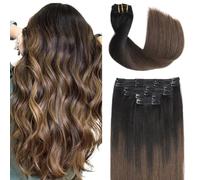 Sindra Clip-In Real Human Hair Extensions, 40 cm, 100 g, 6 Pieces, Natural Black to Dark Brown, Remy Clip-In Hair Extensions, C#1BT4, 16 Inches