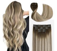 Sindra Human Hair Clip in Extensions Balayage Walnut Brown to Ash Brown and Golden Blonde 16 Inch 100g 6pcs Thick Remy Clip in Human Hair Extensions #3/8/22 16"