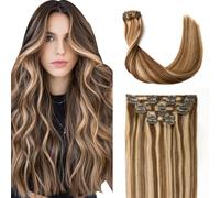 Sindra Real Hair Extensions Balayage Clip-In Hair Extensions Natural Soft Handmade Hair Extensions Real Hair Chocolate Brown to Caramel Blonde Long Silky Straight 6 Pieces 120 g 55 cm C#4P27