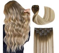 Sindra Real Human Hair Extensions, Clip-In Real Human Hair Extensions, Balayage, 50 cm, Ombre Walnut Brown to Ash Brown and Golden Blonde, Straight, 120 g, 6 Pieces, C#3/8/22, 20 Inches