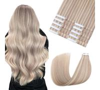 Sindra Tape-In Real Hair Extensions, #18P613, 20 Pieces, 50 g, 40 cm, Ash Blonde Highlight Bleached Blonde, Remy, Invisible Tape Extensions, Straight Real Hair, Adhesive Remy Hair Extensions