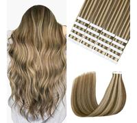 Sindra Tape-In Real Hair Extensions, Chocolate Brown to Caramel Blonde, 20 Pieces, 50 g, 55 cm, Remy Real Hair Extensions, Tape Extensions, Real Hair, Silky Straight, #4P27, 22 Inches