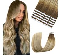Sindra Tape-In Real Hair Extensions, Walnut Brown to Ash Brown and Golden Blonde, 20 Pieces, 50 g, 40 cm, Remy Human Hair Tape Extensions, Real Hair, Silky Straight, Invisible, T#3/8/22, 16 Inches