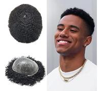 SINGA HAIR Afro Toupee for Black Men Curly Weave Brazilian Hair System All Pu Injection Hair Unit for Black Men (1B# Natural Black,8MM Afro)