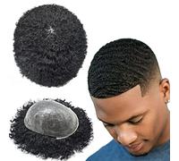 SINGA HAIR Afro Toupee for Black Men Curly Weave Brazilian Hair System All Pu Injection Hair Unit for Black Men (1# Jet Black,8MM Afro)
