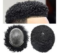 SINGA HAIR Afro Toupee For Black Men Full Poly Skin PU Injection 6mm Afro Wave Human Hair Men Replacement System Afro Kinky Curl Men Hair Units (1# Jet Black,6MM Afro)