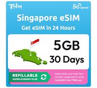 Singapore eSIM | 5GB Super Economy Refillable Plan! QR Code Sent via Email in 24Hrs - Scan & Use Immediately | Auto Activating 30 Day Validity | 5G Speed + Hotspot | Data-Only No Phone Number