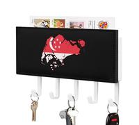 Singapore Flag Map Trendy Key Holder for Wall Organizer Decorative Key Rack with 5 Hooks for Entryway Bathroom Office