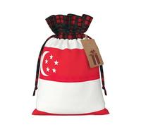 Singapore Flag Printing Color Matching Plaid Christmas Bag With Drawstring For Christmas Birthdays Party,4.7x6.9 Inch