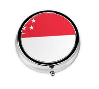 Singapore Flag Round Mini Pill Box: 3-Compartment Portable Metal Pill Organizer with Snap Closure, Ideal for Daily Travel Use