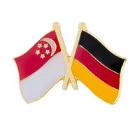 Singapore & Germany Crossed Flags Enamel Pin Badge 1.9 x 2.4cm, Singapore German Friendship Double Flag Lapel Pin, Red Black Gold Tricolour Brooch, Gold Tone Metal Souvenir