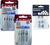 Singer Pack of 2 Packs of Universal Needles for Sewing Cotton and Knitted Fabrics, Elastics and Knit 2020, and 2045 System 130/705 H (One Side Flat) HAx1 and H-S + Plastic Bobbins