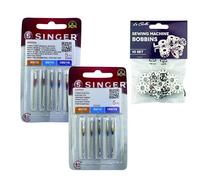 Singer Pack of 2 Sets of Universal Needles for Sewing Cotton and Knit, Stretch, and Lycra Fabrics - Models 2020 and 2045, System 130/705 H (Flat One Side) HAx1 and H-S + Metal Bobbins