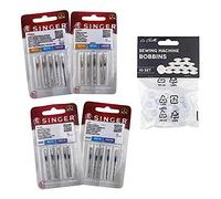 Singer Pack of 4 Packs of Sewing Needles for Stitching, Elastic, Universal, Cotton, Jeans and Leather 2020, 2045, 20246, and 2032 System 130/705 H (Flat on one side)