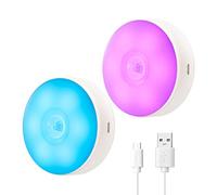 SingHong Motion Sensor LED Night Light, USB Rechargeable, 8 Lighting Colors, 3 Working Modes, Magnet Stick Anywhere, Night Light for Hallway, Cabinet, Closet, Stairs, Cupboard, etc (2 Pack White)